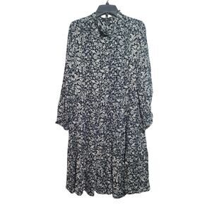 J.Crew Ruffle High Neck Long Sleeve Crepe Midi Dress XL Tall Black Floral GUC